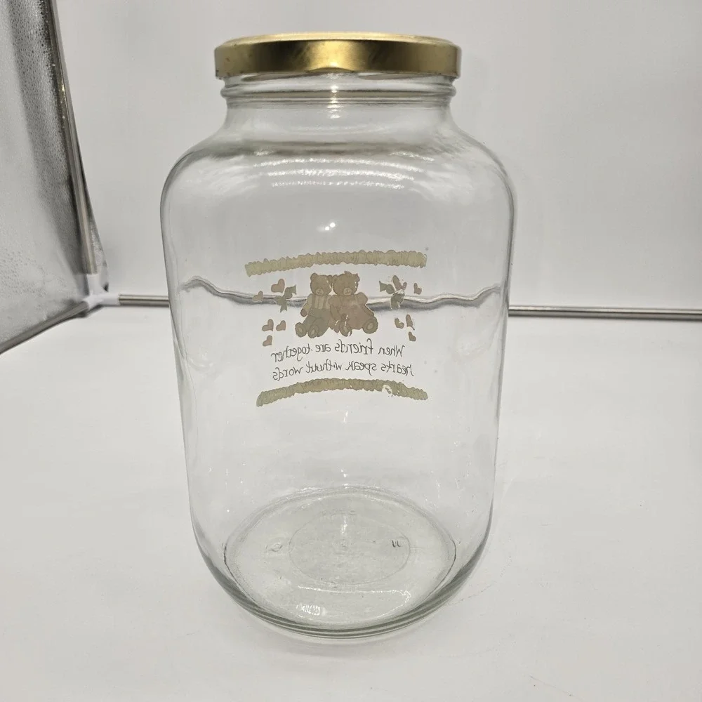 VTG Glass Teddy Bear Storage Jar Pastel Hearts Cottagecore Retro Farmhouse Decor